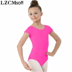 LZCMsoft Girls Nylon Spandex Scoop Neck Gymnastics Leotards Child Short Sleeve Ballet Dancewear Stage Performance Bodysuit Kids