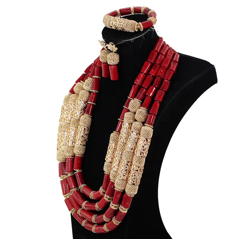 4 Layers Real Coral Bead Luxury Wine Red Coral African Wedding Beads Jewelry Set Charms Statement Necklace Set for Brides ABH817