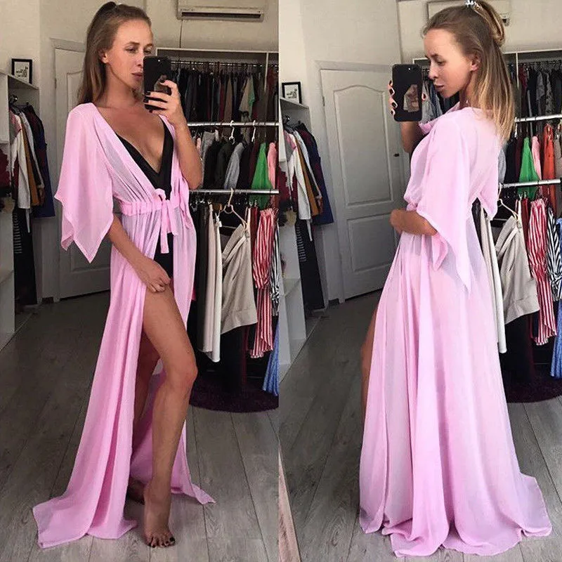 Letnie Bikini Cover Up kobiety Sexy szyfonowa długa sukienka tunika Kaftan Sarong strój kąpielowy strój kąpielowy