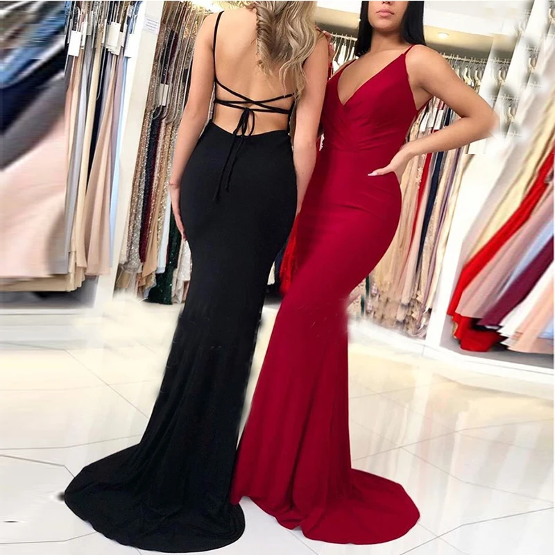 

2019 Sexy Mermaid Evening Dress Simple Black Burgundy Long Women Formal Party Gowns Crisscross Back Sweep Train Vestido De Noche