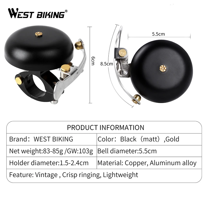 WEST BIKING Vintage Classic Bicycle Bell Ring Cycling Bike Brass Alloy Handlebar Retro Upgrades Cycling Bike Warning Horn Loud