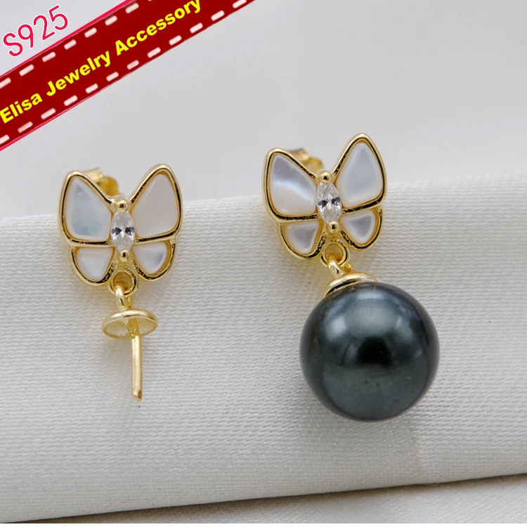 

Butterfly With Shells Material Drop Earrings Holder S925 Sterling Silver Pearl Earrings Jewelry Findings&Components 3Pairs/Lot