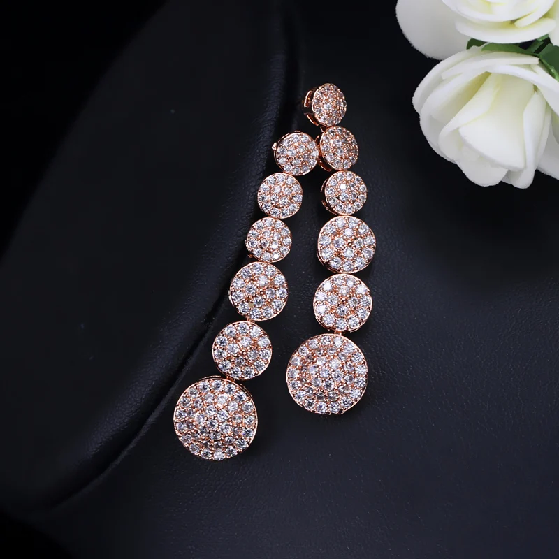 CWWZircons High Quality Rose Gold Color Micro Pave CZ Zirconia Stone Long Round Drop Earrings for Women CZ206