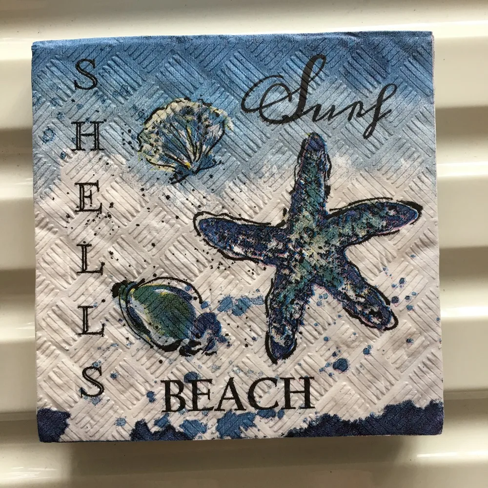 Servilleta de papel de 25cm, pañuelo bonito de concha de estrella de mar azul, artesanía al óleo, decoupage, servilletas para fiesta de cumpleaños para niña y niño