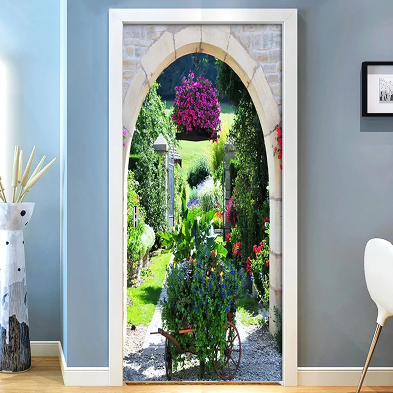 

DIY Door Sticker Mediterranean Garden Arch Wallpaper PVC Self-adhesive Wall Decals Living Room Door Home Decor Poster Stickers