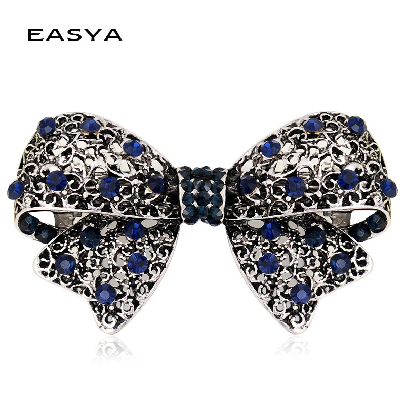 EASYA 2022 New Fashion Blue Crystal Rhinestone Bowknot Barrettes Hair Clips Vintage Elegant Bowknot Hair Accessories Ornaments