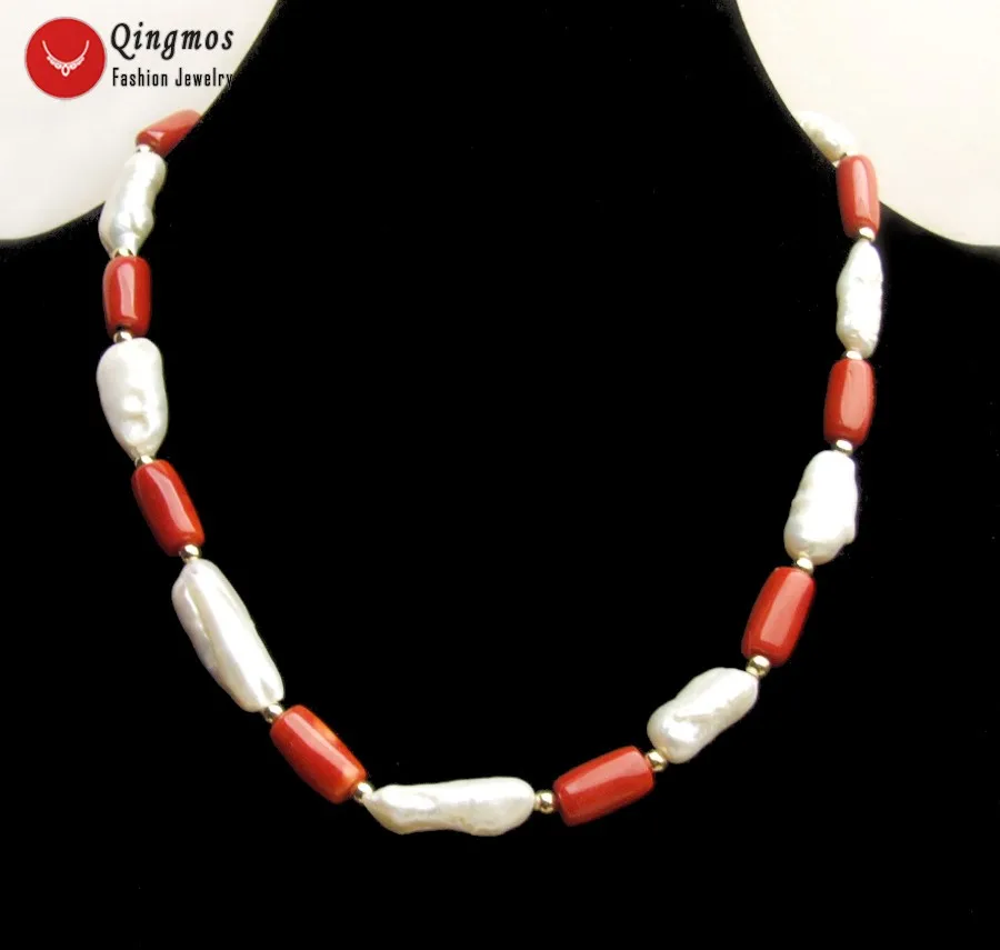 Qingmos Natural Pearl Necklace for Women with 22mm Long Baroque White Pearl & Red Coral Necklace Chokers Jewelry 17