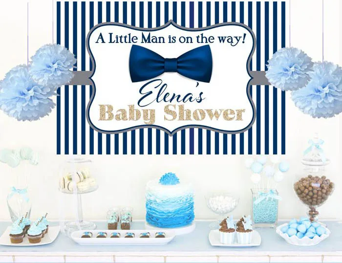 custom Little man Gentleman Bow Tie Baby Shower Blue And White Striped photo backdrop Computer print party background