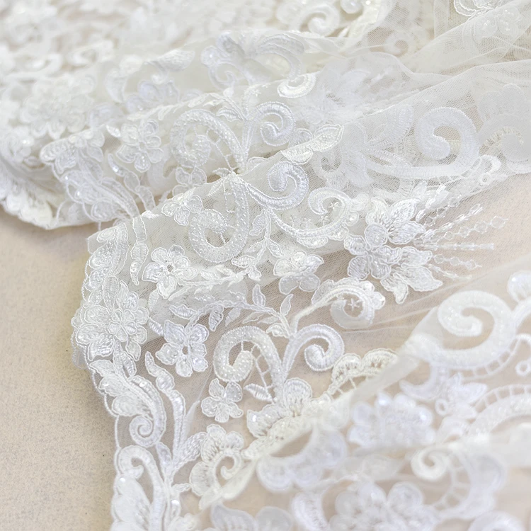 Exquisite 135cm Beaded Lace Fabric In Ivory With Sequins Embroidered African Tulles Lace Fabric For Wedding, Curtain