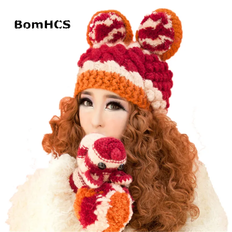 BomHCS Beanie & Gloves& Scarf Cute Big Ears Women\'s Winter Warm Handmade Knitted Hat Mittens Neckerchief