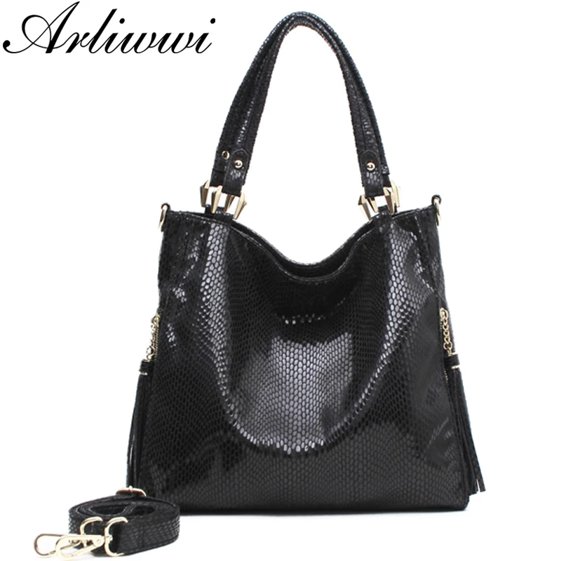 Arliwwi Brand High Quality Shiny PU Leather OL style Serpentine Embossed Large Capacity Ladies Shoulder Bags Handbags Women QK10