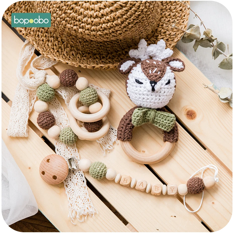 Bopoobo 1pc Baby Teether Silicone Beads Wooden Baby Pacifier Chain Baby Pram Crib DIY Customized Rattle Soother Bracelet Teether