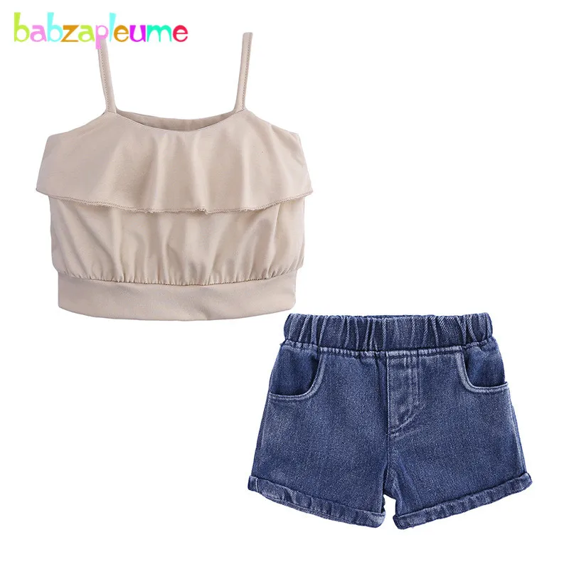 

2PCS Sets New In Summer Girls Boutique Outfits Fashion Solid Sleeveless Cotton Baby Tops+Denim Shorts Korean Kids Clothes BC1833