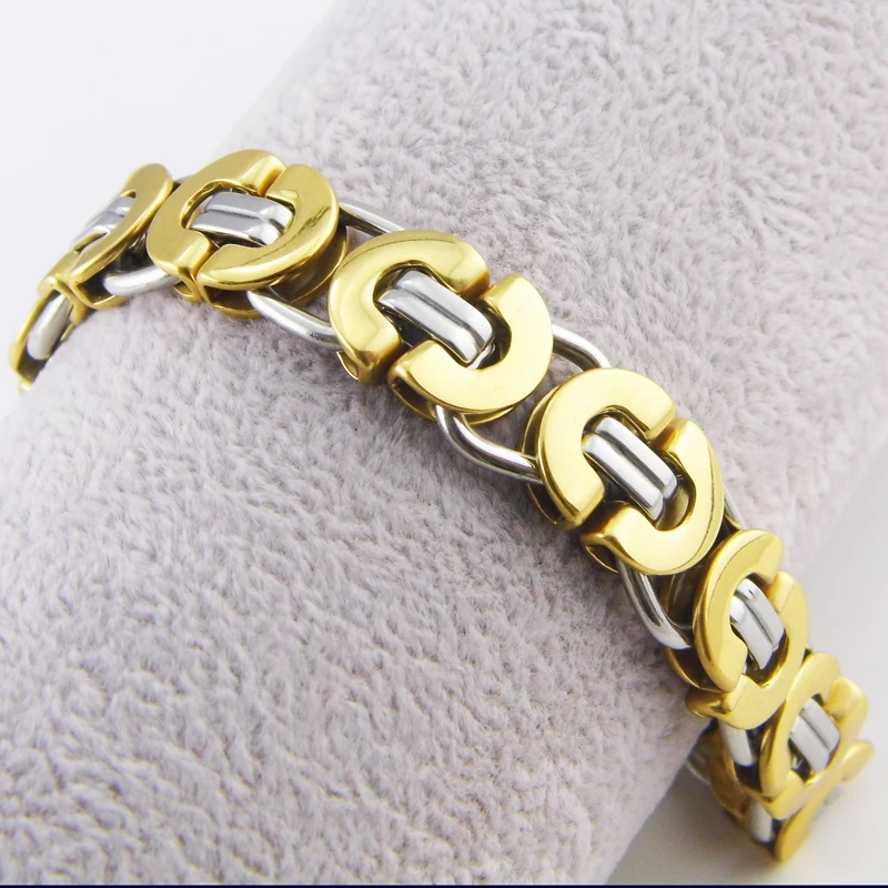 Length 21.5 cm Wide 11mm Fashion  Men\'s Jewelry Stainless Steel Silver Color/Gold Byzantine Bracelet