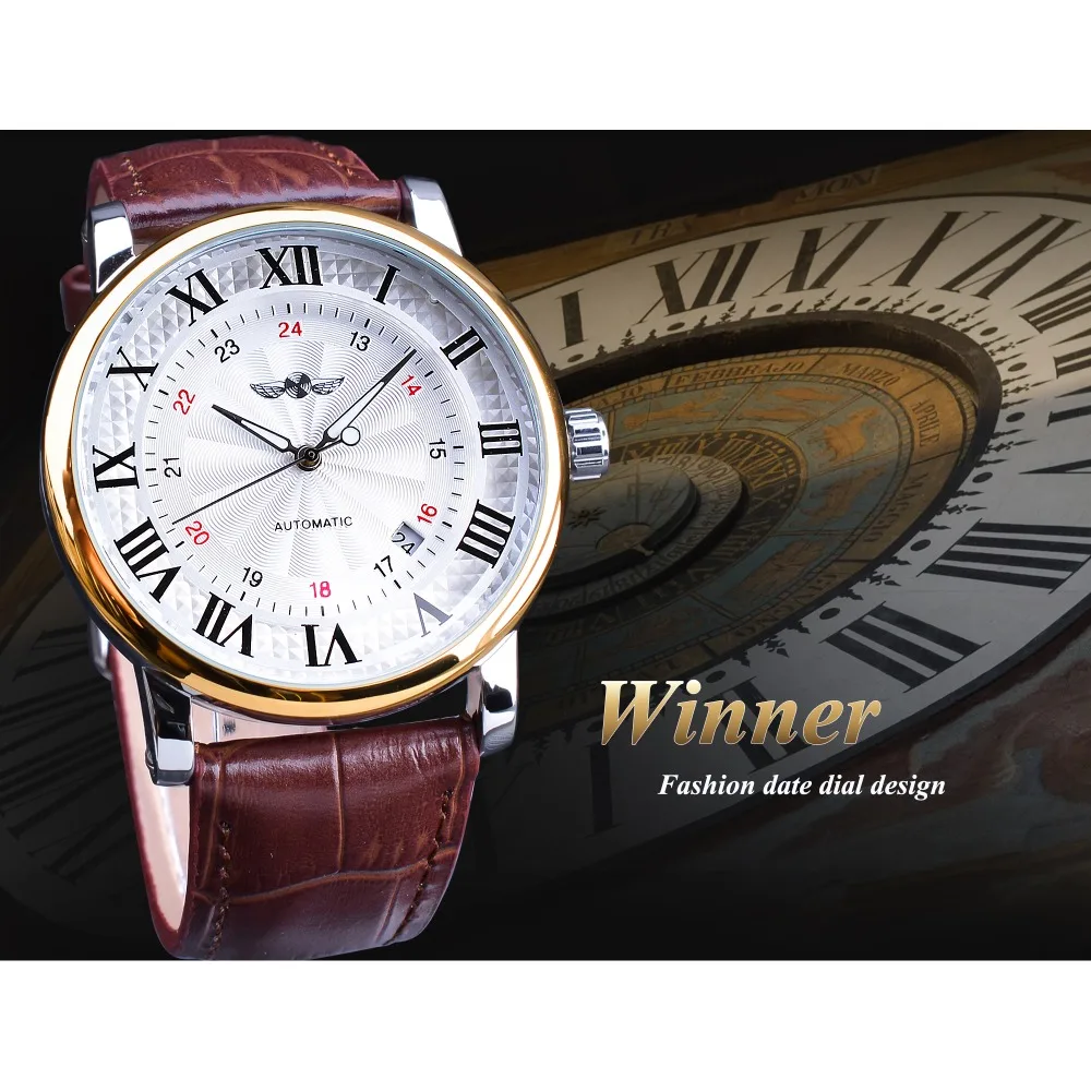 Winner-reloj mecánico automático para hombre, cronógrafo con correa de cuero marrón, con indicador de fecha, color blanco y dorado, marca de lujo, a