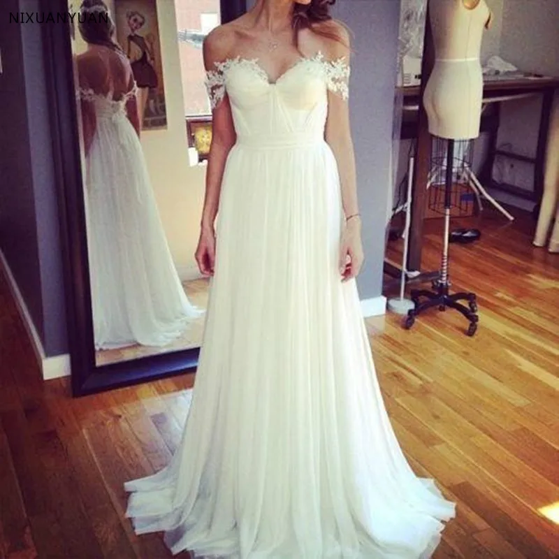

2022 Sexy V-neck Court Train Long Zipper Off The Shoulder Lace Applique A Line Beach Wedding Dress Wedding Gown
