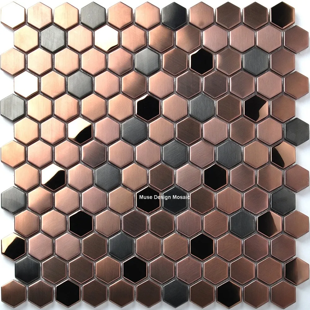 

11pcs Dia 23mm Hexagon Black Mirror Brushed Rose Gold Stainless Metal Mosaic tile for Waistline fireplace wall floor tile