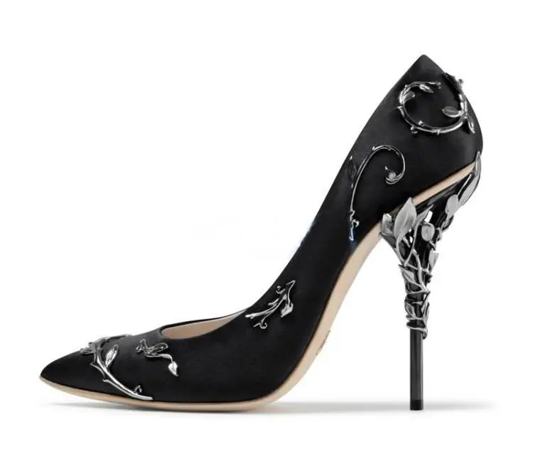 Prägnante Stil Frauen einfarbige Pumps Seide Leder spitzen Zehen Büro Dame Slip auf Metall dekoration High Heel Kleid Schuhe