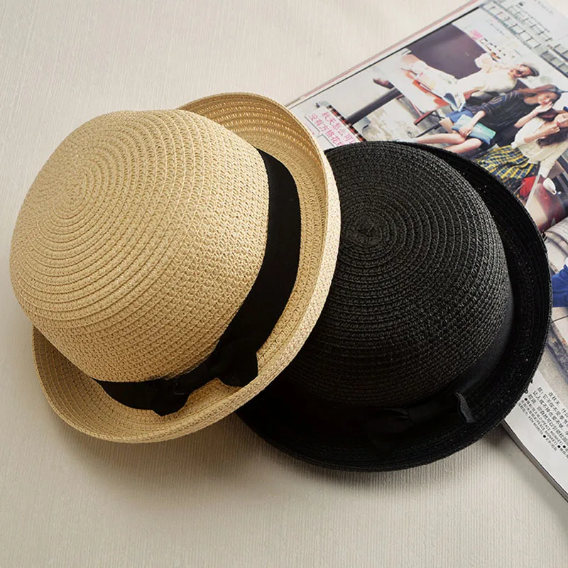 wholesale Lady Boater sun caps Ribbon Round Flat Top Straw Fedora Panama Hat summer hats for women straw hat snapback gorras