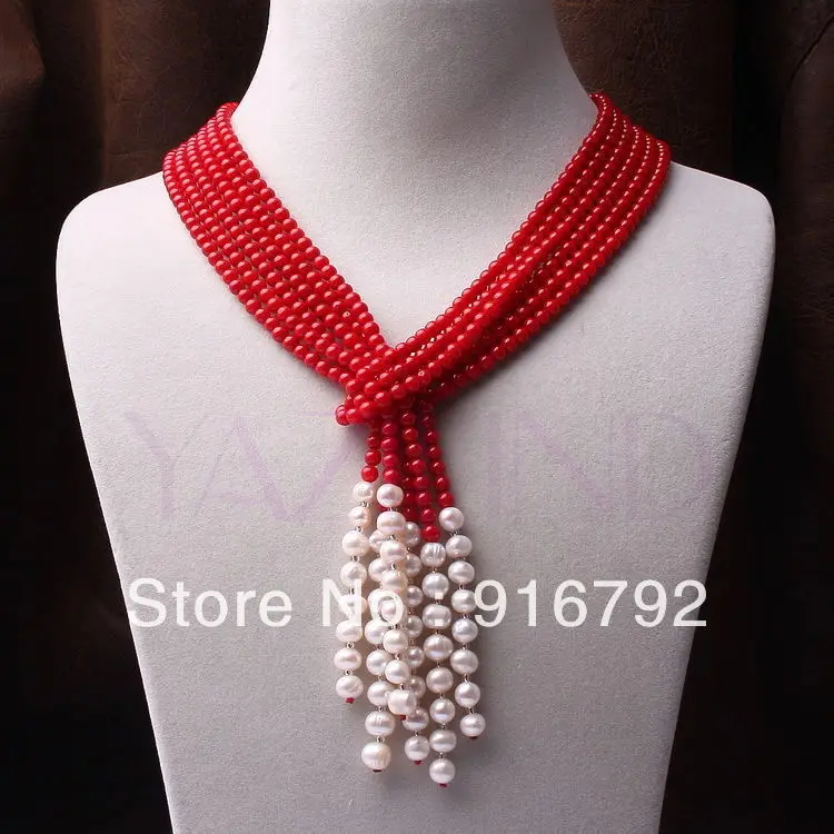 free shipping 3 strands handmade red coral round ball pearl scarf style fine chain necklace s2