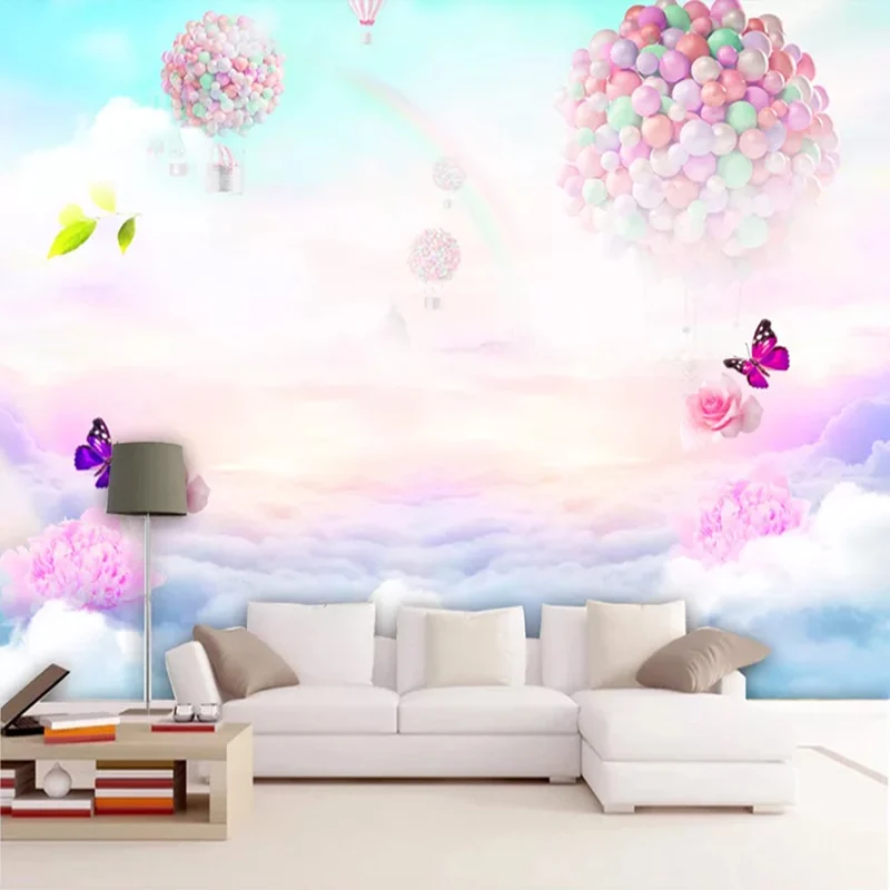 Custom Mural Wallpaper For Kids Room Flower Butterfly Balloon Rainbow Sky Children Bedroom Wall Decoration 3D Photo Wallpaper