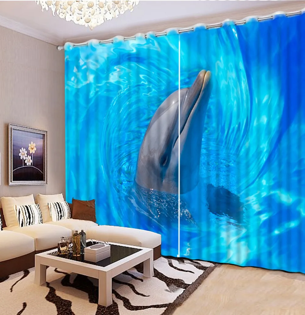 

custom Drapes Cortinas modern Blackout curtain curtains Blue Dolphin Wave blue curtains for living room 3D Curtains Drapes