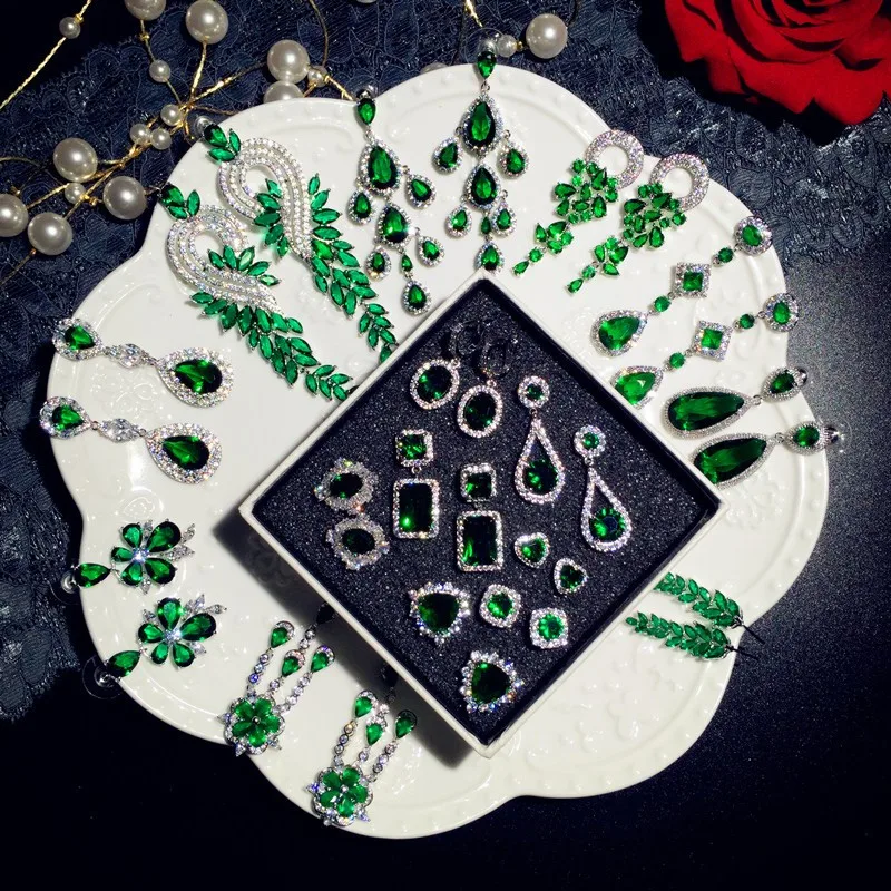 Artificial Emerald Drop Earrings For Women S925 Sterling Fine Jewelry Vintage Luxury Green Cubic Zirconia Earring Bijoux Femme