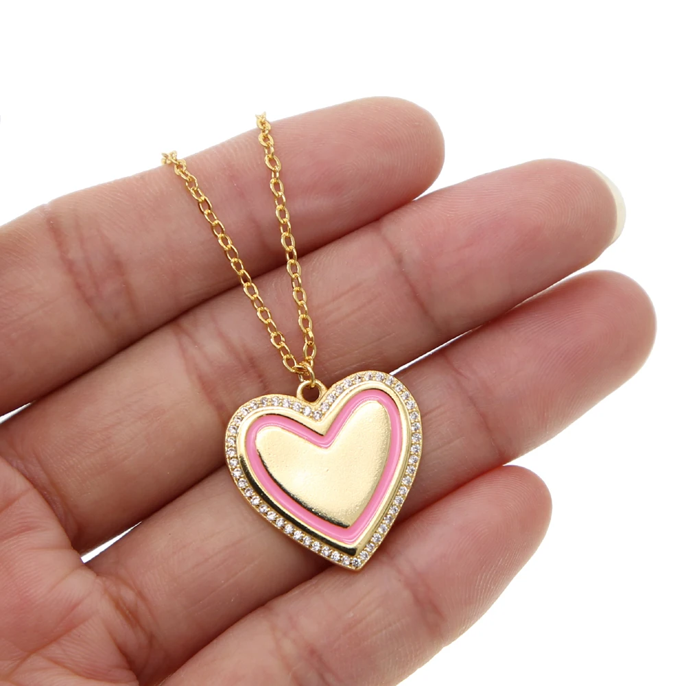 Wholesale Heart shape pendant necklace with pink enamel DIY name letter design new engrave Tag necklace