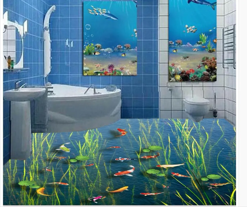 Custom Photo Floor 3D Wallpaper Modern Art Carp Lotus Leaf Seaweed Plants 3D floor Painting Self-adhesive PVC Wallpaper