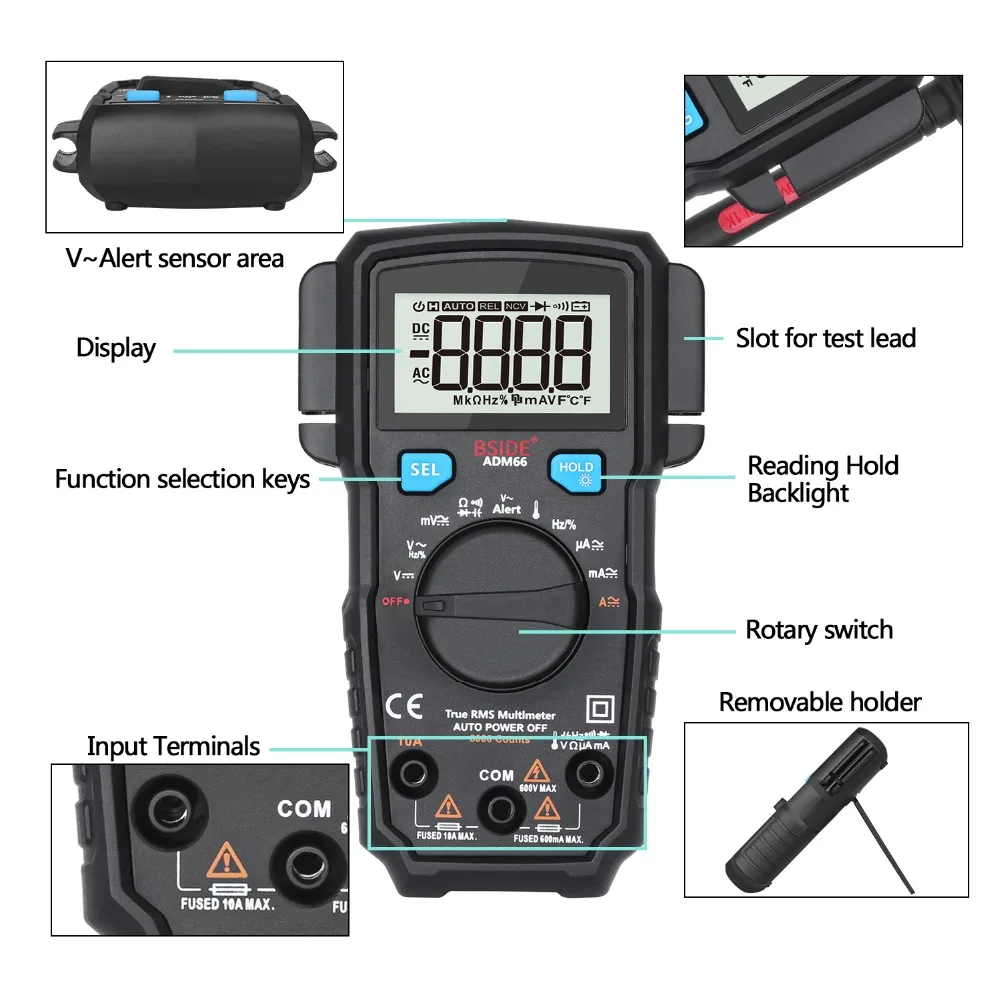 BSIDE ADM66 True RMS Digital Multimeter Auto Range TRMS Mini 6000 DMM Dual Slot Capacitance ohm Hz Temp NCV Diode Pocket Tester