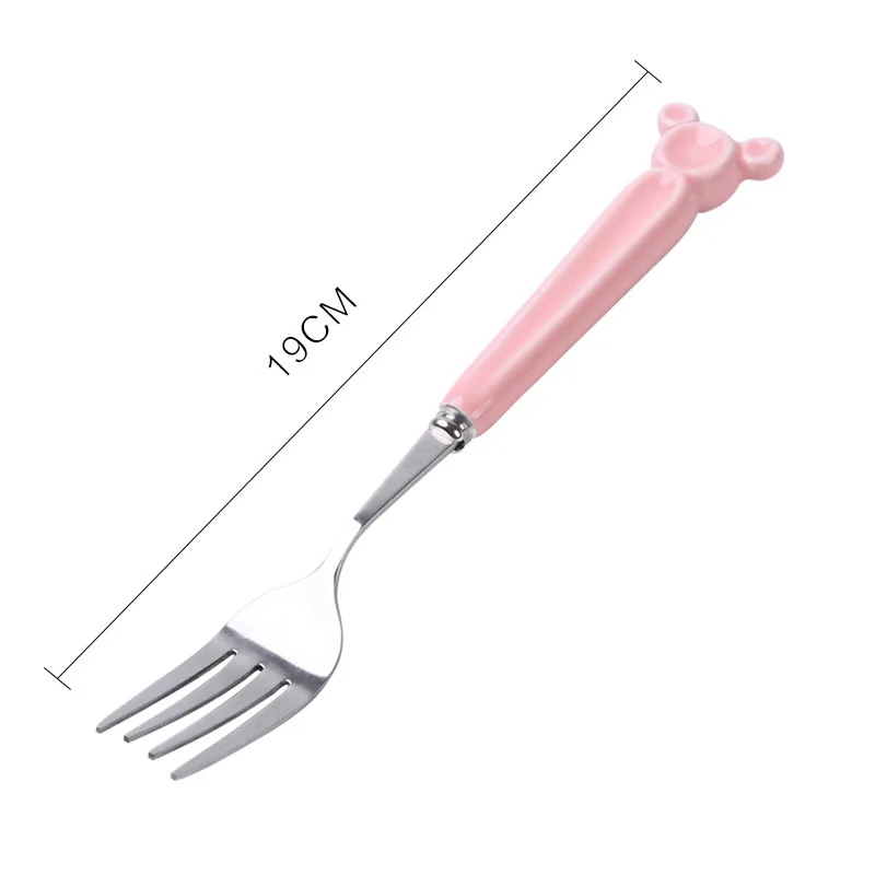 Stainless Steel Dinnerware Set for Children, Ceramic Long Handle Fork, Blue, Solid, Pink, Cute Cartoon Tableware, 2Pcs Set