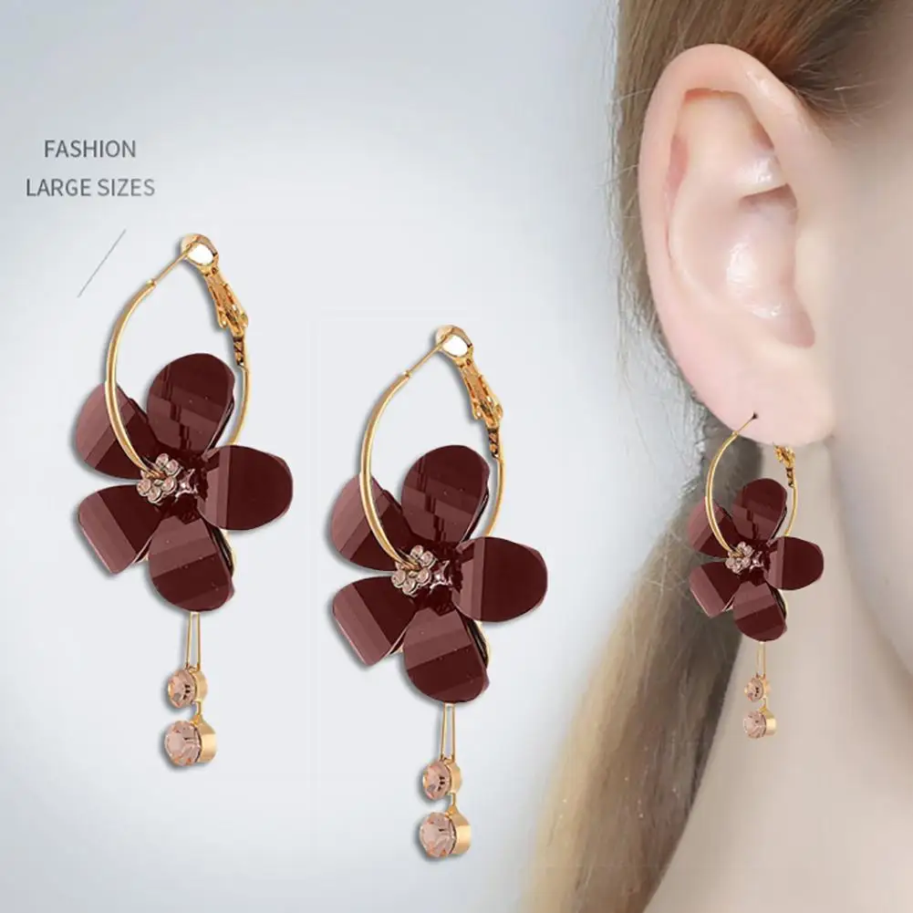 Sweet Korean Women Camellia Flower Long Tassel Rhinestone Party Leaverback Earrings Gift