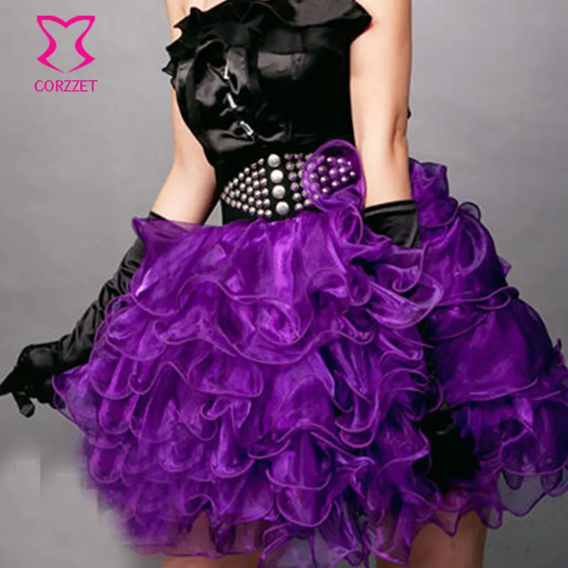 Corzzet Plus Size Purple Organza Layered Sexy Club Skirts Lolita Tutu Skirt Women Burlesque Rockabilly Petticoat Saias Femininas