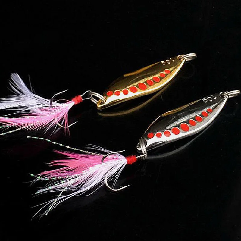 Fishing Spoon Lure 3g-20g Curved Surface Leech Spoons Metal Artificial Lures Single Treble Feather Hooks