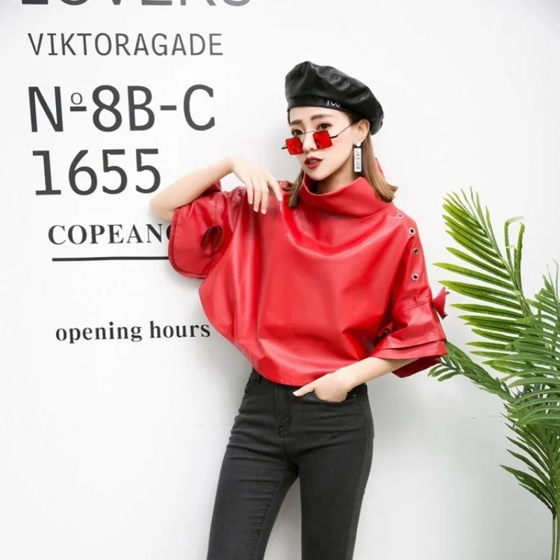 New Spring Womens Short Jacket Korean Batwing Sleeve Genuine Leather Coats Loose Fit Streetwear Cape Coat Size S-4XL