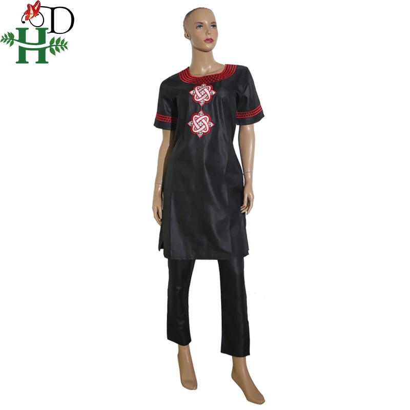 H&D 2022 African Women Clothing Short Sleeve Dashiki Set Embroidery Floral White Black Lady Blouse Top with Pants Robe Africaine