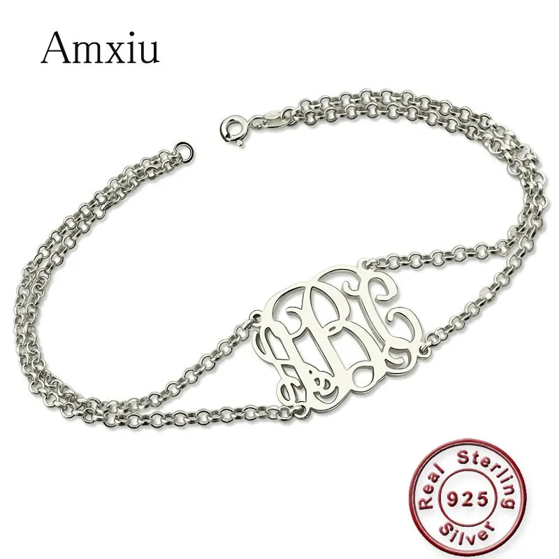 

Amxiu Personalized 925 Sterling Silver Bracelet Custom 1-3 Letter Initials Monogram Bracelet Double Chains Bracelets For Women