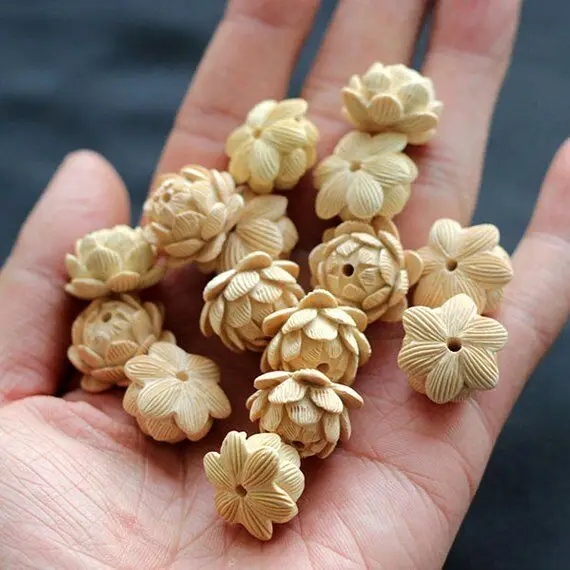 

2pcs Natural Boxwood Carved Lotus Beads Prayer Loose Space Beads Japa Mala Buddha Jewellery Findings DIY Accessories Large Beads