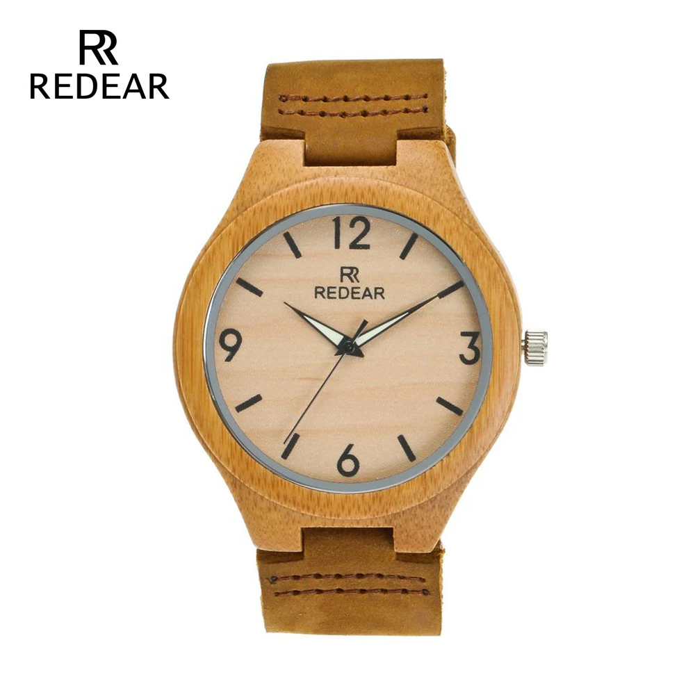 REDEAR amante relojes clásico de madera de bambú de relojes con luz de la noche de puntero de cuero Real para las mujeres Unisex regalo en caja de regalo