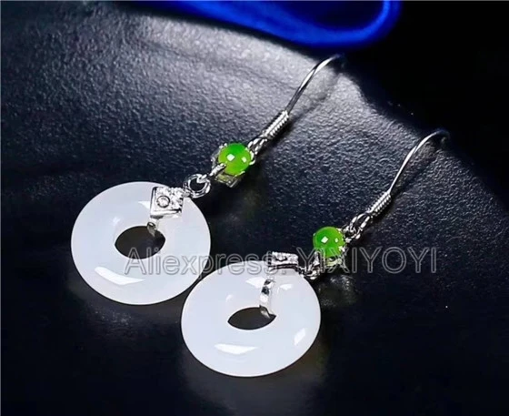 Beautiful 925 Sterling Silver White Green HeTian Jade Round Dangle Design Lucky Hook Earrings Girl's Charm Gift Fine Jewelry