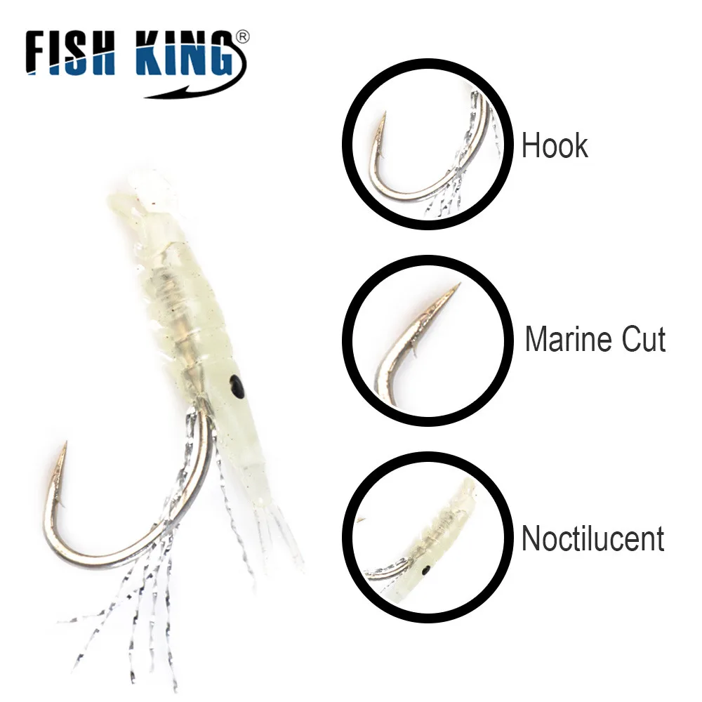 FISH KING 5pcs/ Sabiki Fishing Lure 9colors Glow In The Dark NINGHT LIGHT Ocean Fishing Soft Shrimp Fishing Hook