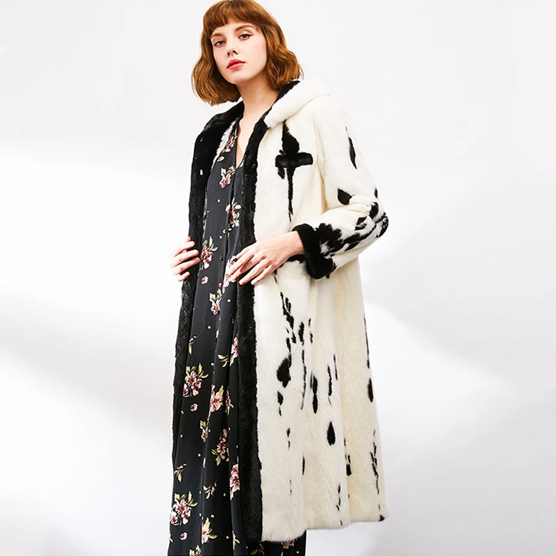 Futro z norek importowanych z Chin, zimowe, damskie, z aksamitu i futra norek, z kołnierzem wykładanym, patchworkowe, w kropki, bardzo długie, prawdziwe futro z norek.