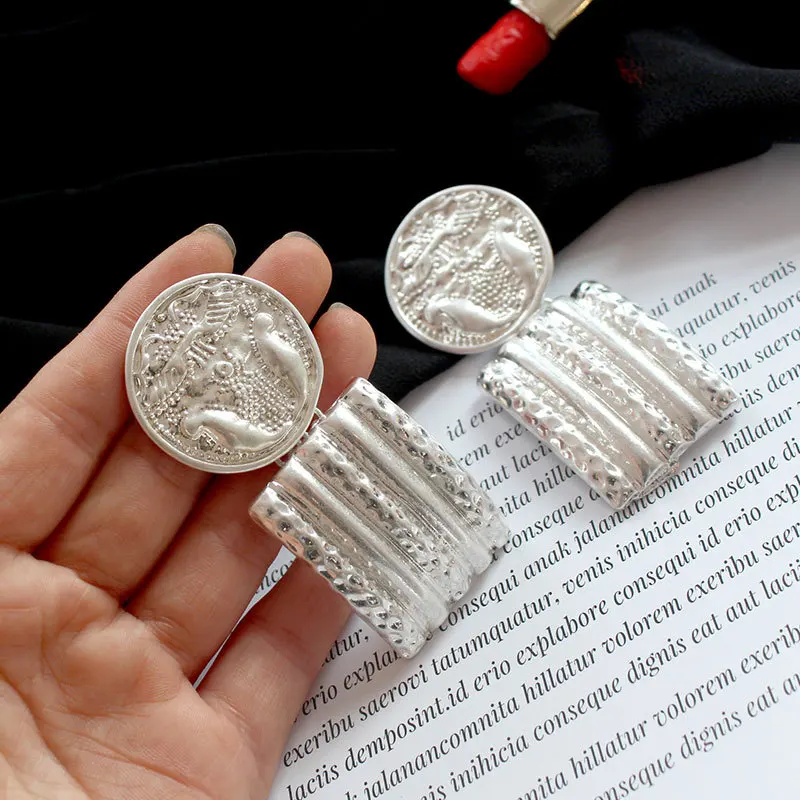 Carvejewl Vintage big Coin rectangle pendant drop Earrings Women Party jewelry Round Disc Medal Gold Silver Color dangle earring