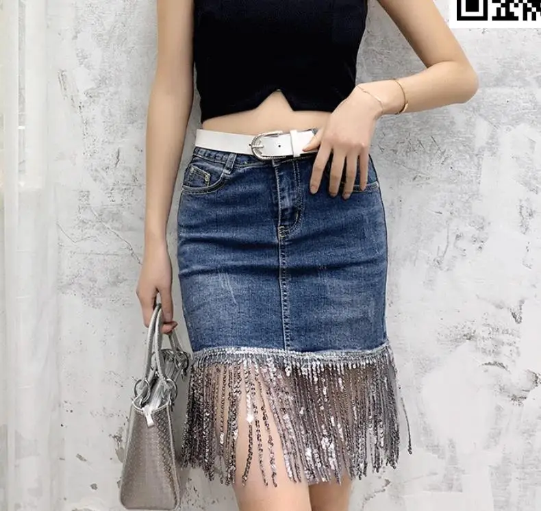 Denim skirt women summer fashion sequins tassel high waist package hip stretch short step jeans skirt