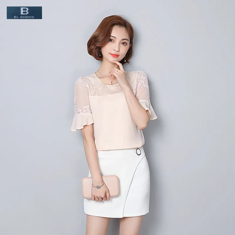 [EL BARCO] New Summer Lace Women Chiffon Blouse Shirt Short Butterfly Sleeve Floral Mesh White Female Fashion Top Clothes Blusas