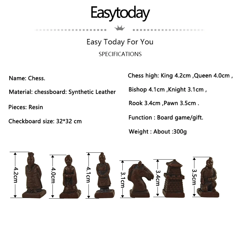 Easytoday Chess Game Set Resin Chess Pieces Synthetic Leather Flannel Chessboard Terracotta Model Table Entertainment Games Gift