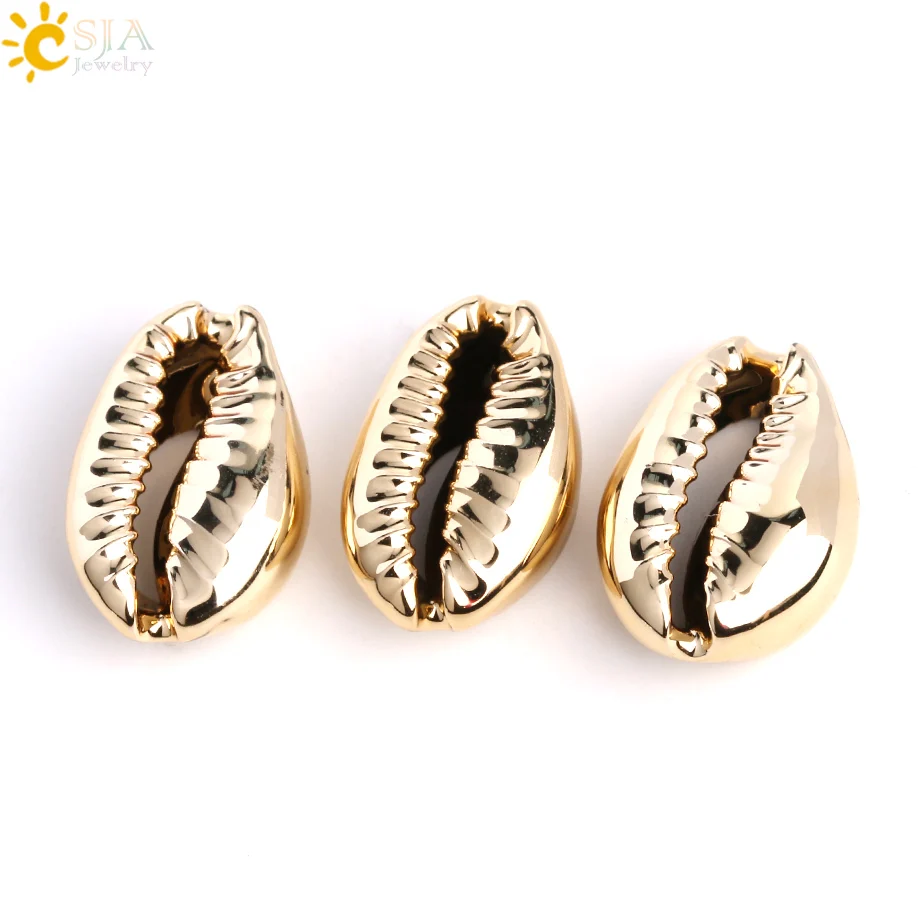 CSJA Natural Sea Kauri Cowrie Shell Beads for Jewelry Making Gold Silver Color Conch Puka Cowry Charms Metal Bead Jewellery S427