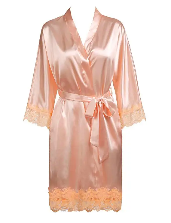 Sexy Ladies\' Lace Satin Robe Gown Solid Soft Nightgown Nightwear Kimono Bathrobe Sleepwear Wedding Bride Bridesmaid Robes