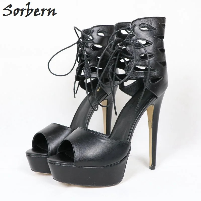 Sorbern Black Women Sandals Shoes PU High Heels Sandals For Womens Custom Color Lace Up Sandalias Mujer 2019 Platform Sandals