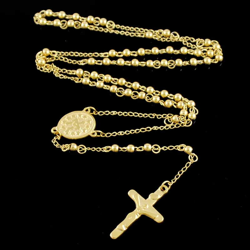 ATGO Rosary Beads chain Cross Religious Chain Stainless Steel Necklace Womens Mens fashion necklaces for women catholic BRN05